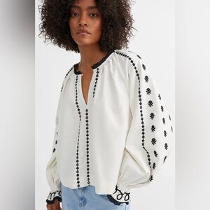 SKALL STUDIO Ella Top, White Embroidered Peasant Blouse Doen Sezane style